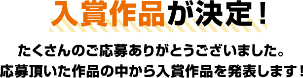 入賞作品が決定！たくさんのご応募ありがとうございました。
                    応募頂いた作品の中から入賞作品を発表します！