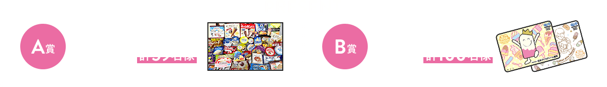 A賞）15種類のアイスクリーム詰め合わせ計59名様  B賞）オリジナルQUOカード500円分計100名様