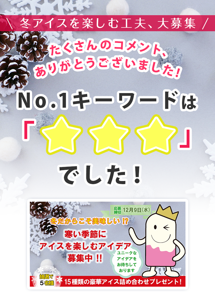「冬アイスを楽しむ工夫、大募集」たくさんのコメント、ありがとうございました。No.1キーワードは「○○○」でした！